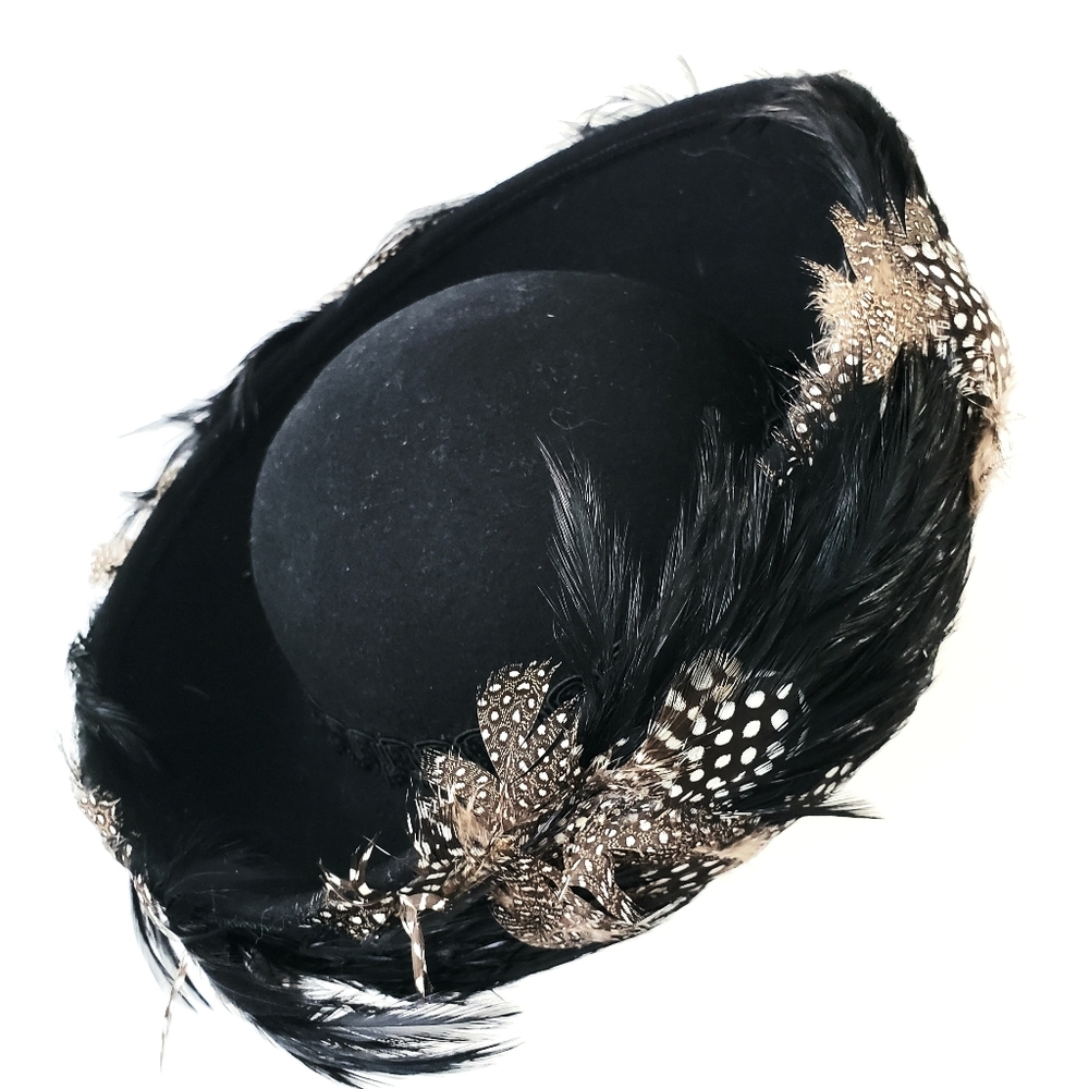 Deborah New York Vintage Black Wool Feather Trimed Bucket Derby Hat